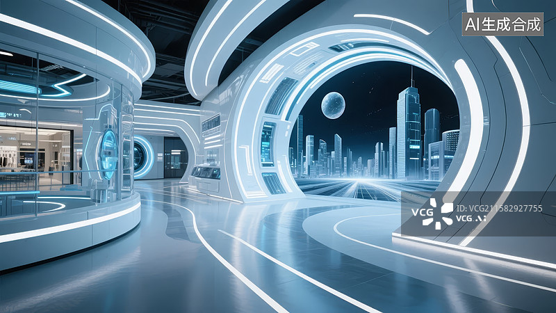 【AI数字艺术】未来科技展厅与城市夜景图片素材