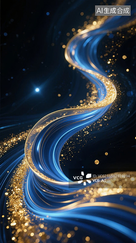 【AI数字艺术】蓝色光流与金色粒子交织的梦幻场景图片素材