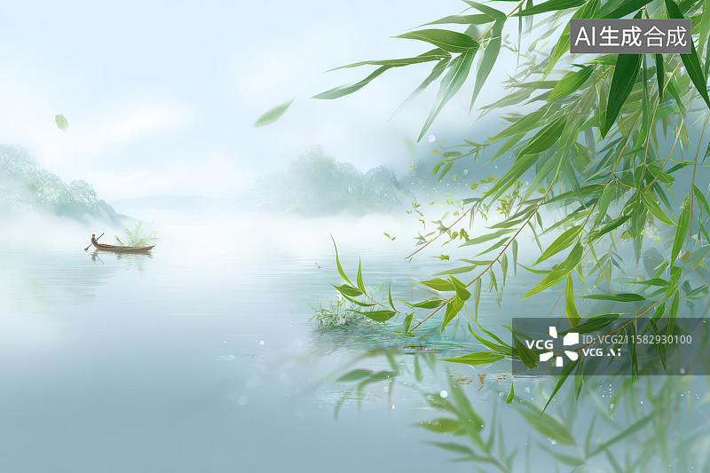 【AI数字艺术】水墨风湖面孤舟翠柳意境图图片素材
