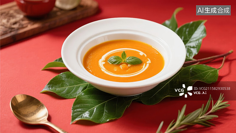 【AI数字艺术】橙色奶油浓汤配绿叶装饰图片素材
