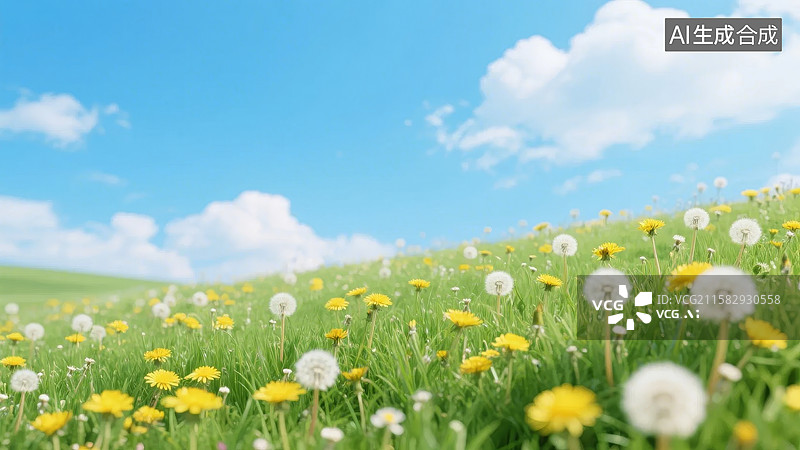 【AI数字艺术】蓝天白云下的蒲公英花田图片素材