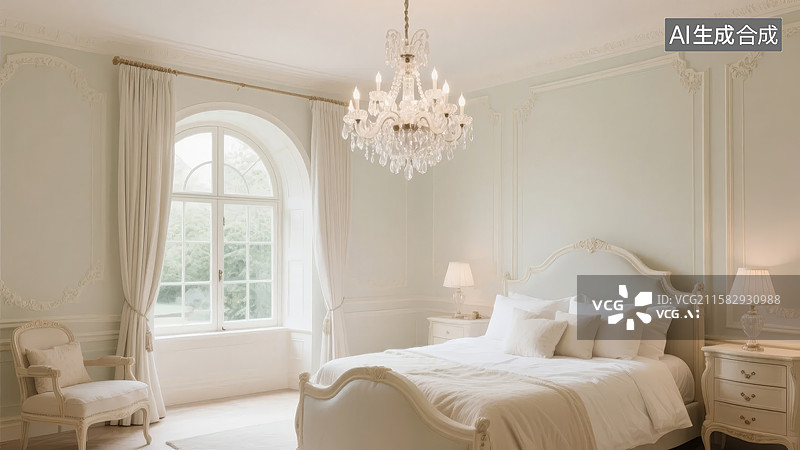 【AI数字艺术】优雅卧室，水晶吊灯与柔和色调图片素材