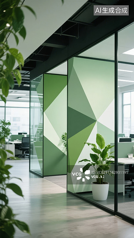 【AI数字艺术】现代办公室绿色几何装饰隔断图片素材