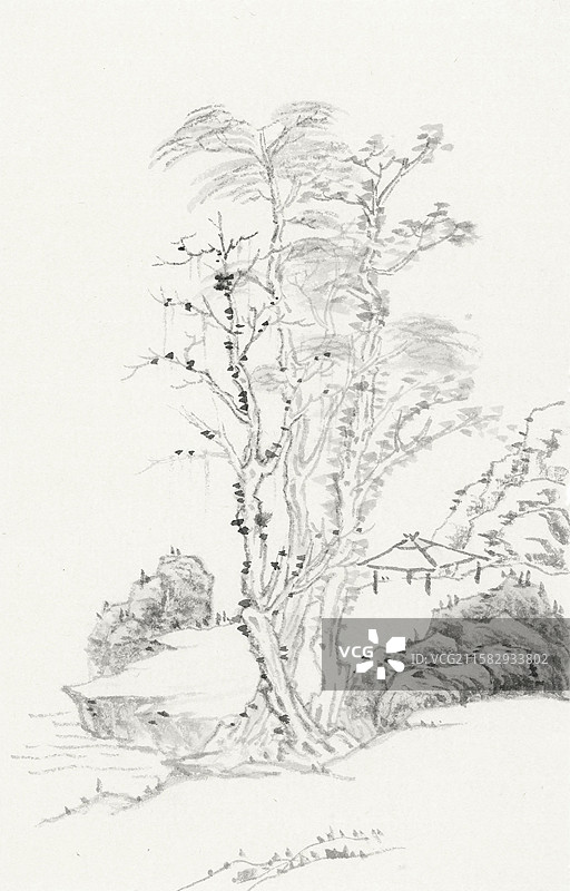 水墨山水杂树草棚河流景插画图片素材