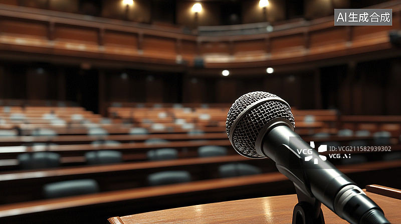 【AI数字艺术】主席台上的话筒和虚化的会议室背景图片素材