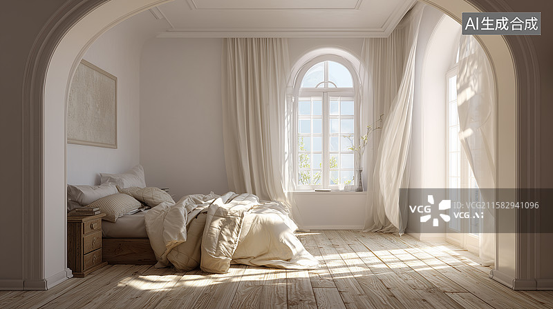 【AI数字艺术】法式拱墙柔光卧室空间图片素材