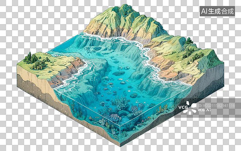 【AI数字艺术】海底世界海床地形地貌清澈见底河流海水剖面图横截面断层地理钢笔淡彩手绘科普2.5D三维立体微缩模型场景图片素材