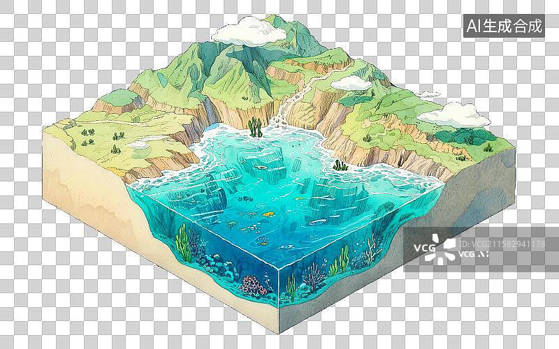 【AI数字艺术】海底世界海床地形地貌清澈见底河流海水剖面图横截面断层地理钢笔淡彩手绘科普2.5D三维立体微缩景观模型图片素材