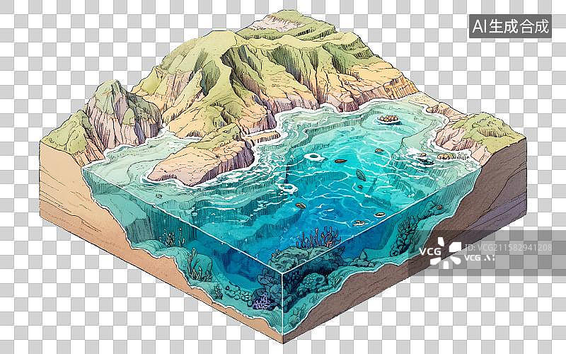 【AI数字艺术】海底世界海床地形地貌清澈见底河流海水剖面图横截面断层地理钢笔淡彩手绘科普2.5D三维立体微缩景观模型图片素材