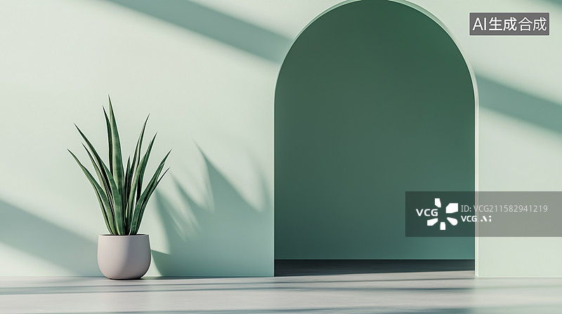 【AI数字艺术】柔和鼠尾草绿背景下的现代室内设计模型图片素材