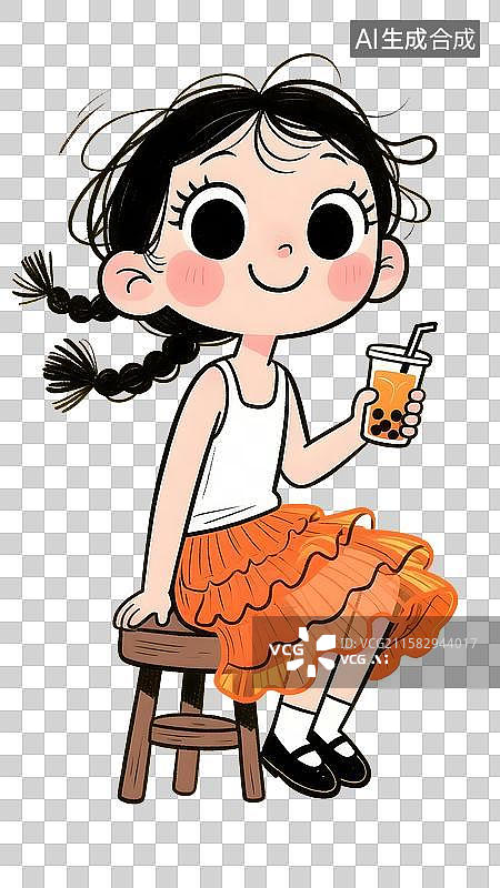 【AI数字艺术】坐着椅子上喝奶茶饮料的卡通女孩图片素材