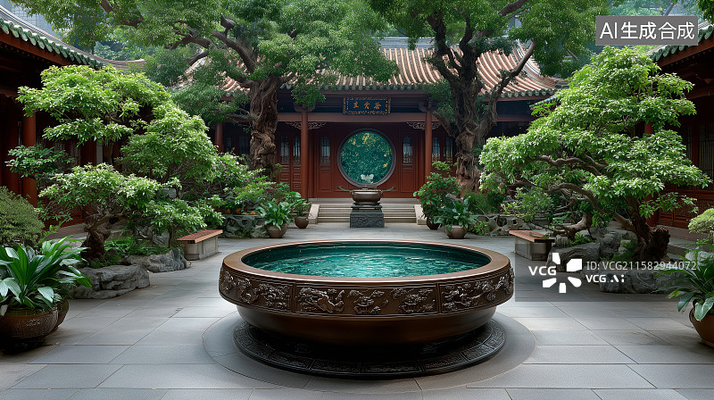 【AI数字艺术】古典庭院中的圆形水池图片素材