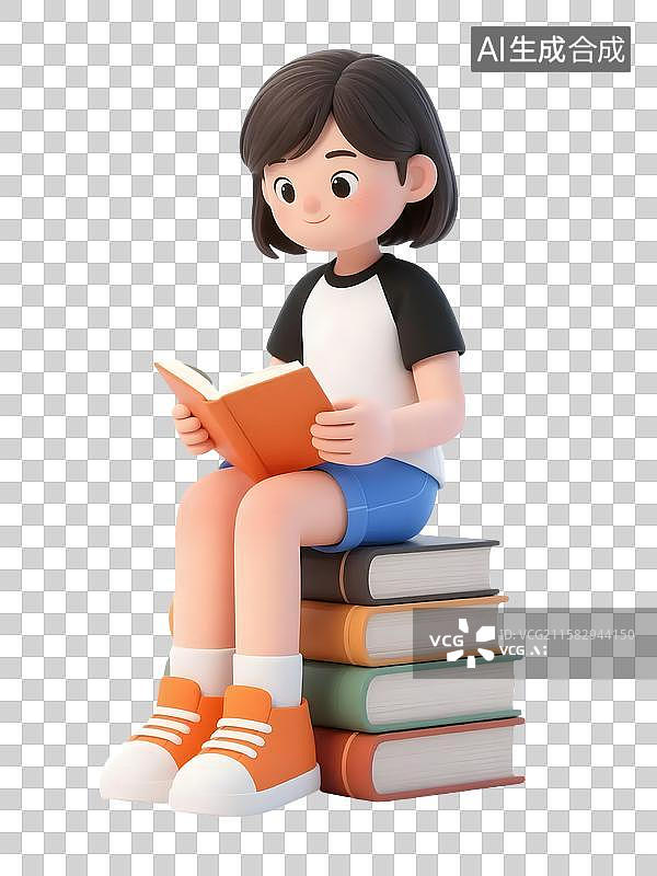 【AI数字艺术】坐在一摞书上阅读读书的女孩图片素材