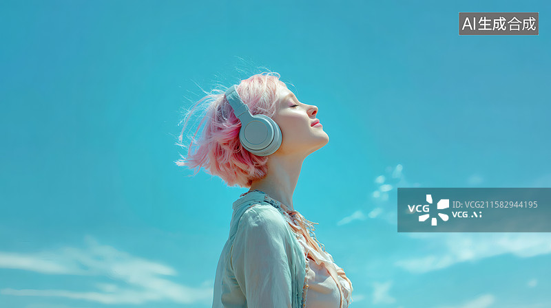 【AI数字艺术】粉色头发女子户外听音乐图片素材