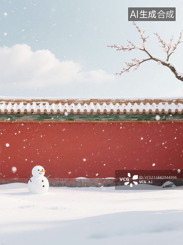 【AI数字艺术】3D红墙外的雪景插画图片素材