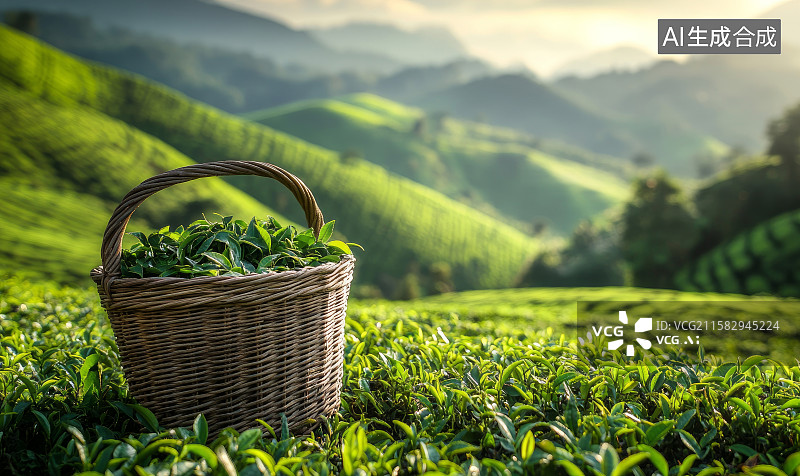 【AI数字艺术】茶山茶园中装满茶叶的竹篮图片素材