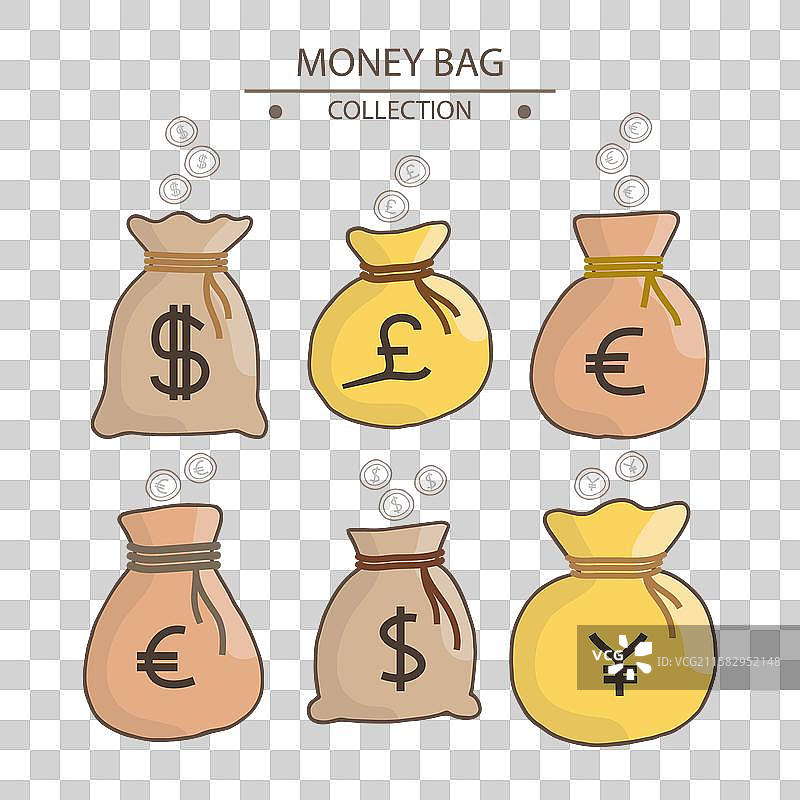 一组装有各国货币的钱袋图片素材