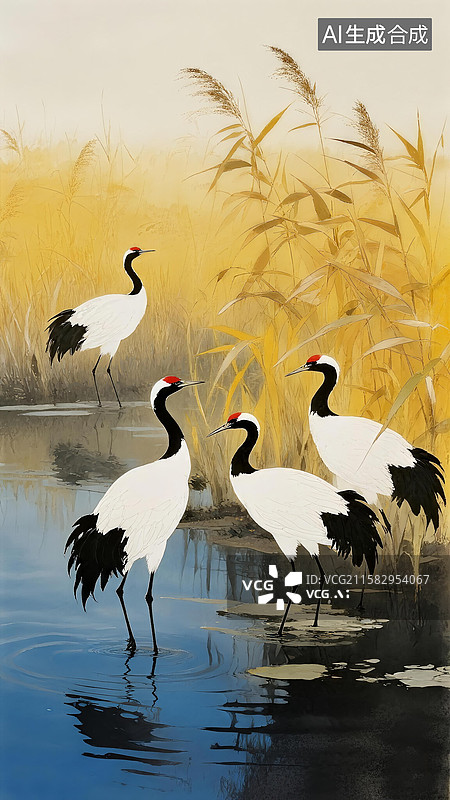 【AI数字艺术】夏天，芦苇荡，几只丹顶鹤在栖息，池塘，黄色，蓝黑色沼泽，写实画风格图片素材