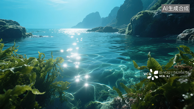 【AI数字艺术】清澈海水与岩石海岸的自然美景图片素材