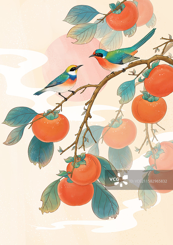 工笔风插画秋日柿柿如意图片素材