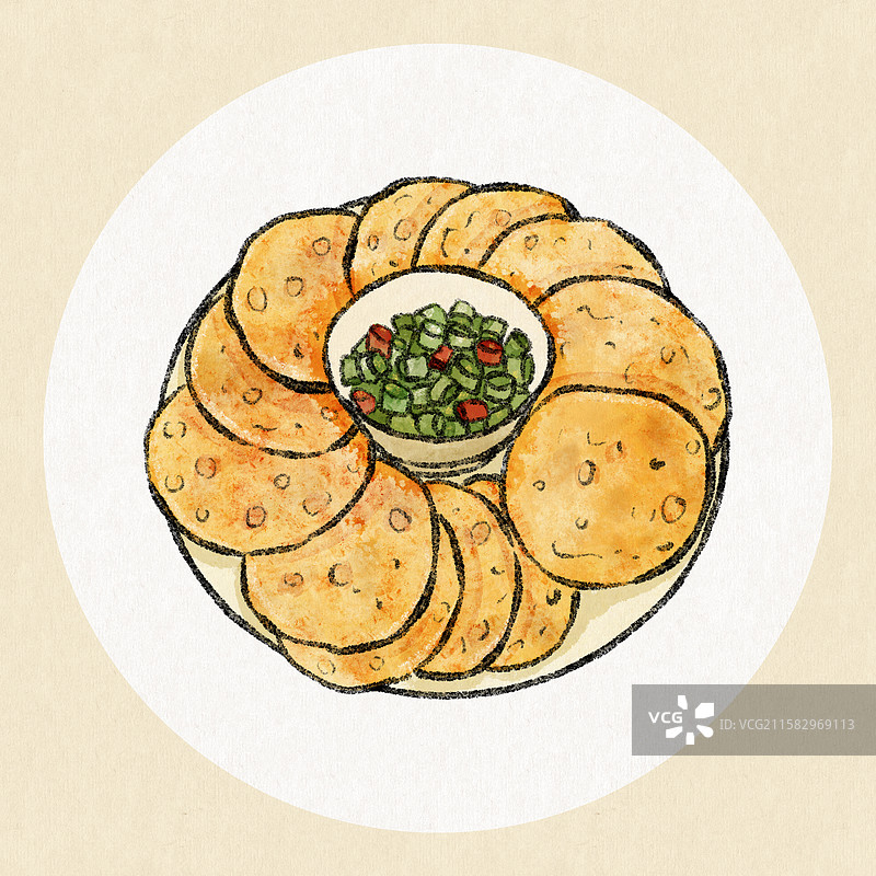 宁夏美食国风插画-烫面油香图片素材