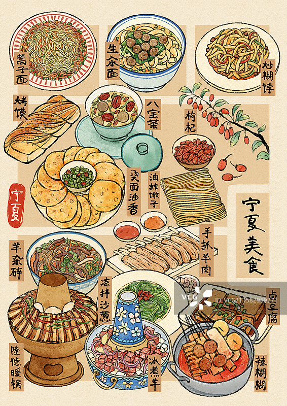 宁夏美食国风插画图片素材