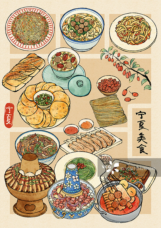 宁夏美食国风插画图片素材