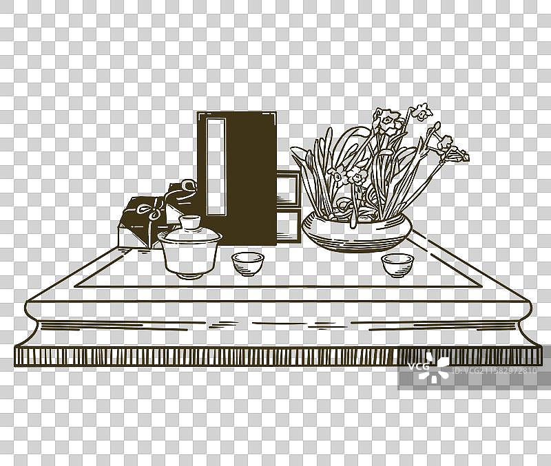 古风桌子桌面摆设中式线稿色块元素图片素材