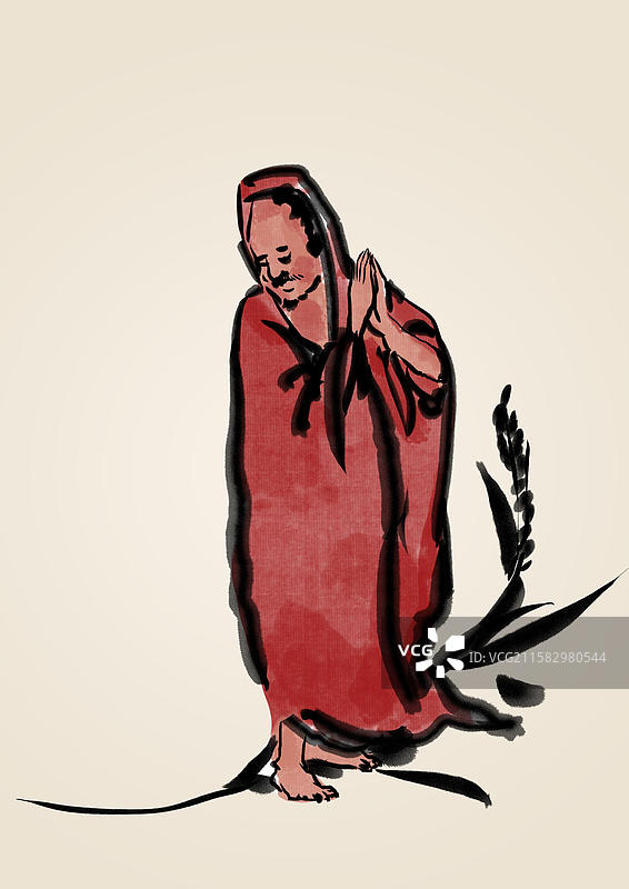 中国风新中式古风古典传统文化古装古人古代古时候南北朝少林寺达摩祖师一苇渡江传说复古插画图片素材