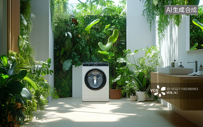 【AI数字艺术】洗衣房里放着一台洗衣机图片素材