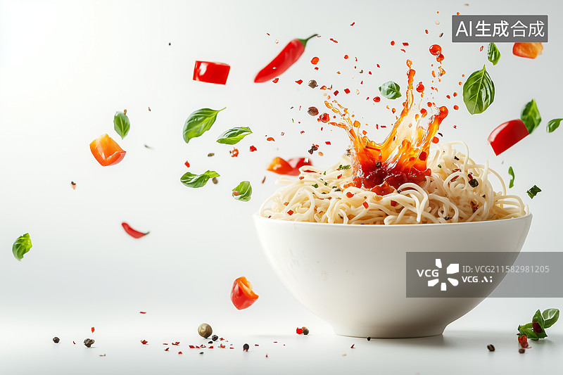 【AI数字艺术】一碗料汁飞溅的面条图片素材