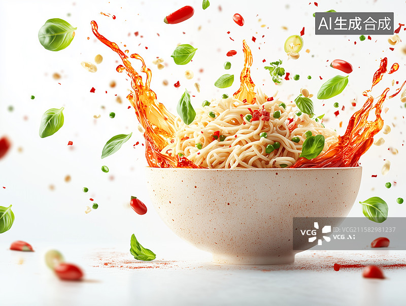 【AI数字艺术】一碗料汁飞溅的面条图片素材