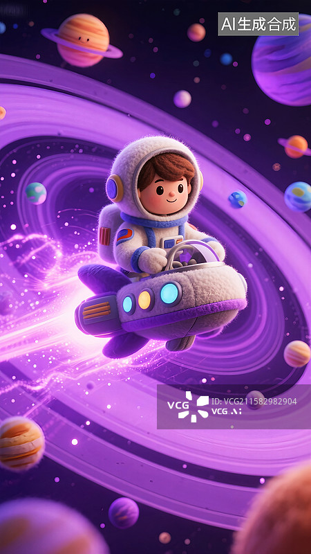 【AI数字艺术】3D卡通毛毡宇航员飞向太空的梦想之旅，3D渲染，毛绒绒质感，紫色星球，行星图片素材