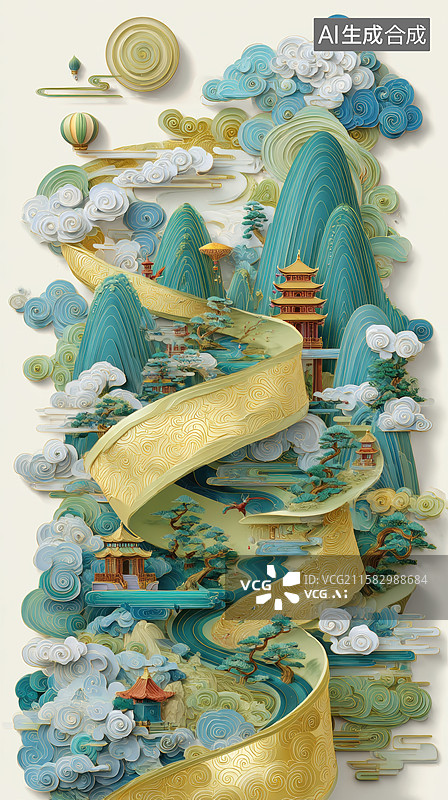 【AI数字艺术】山水画卷中的金色丝带图片素材
