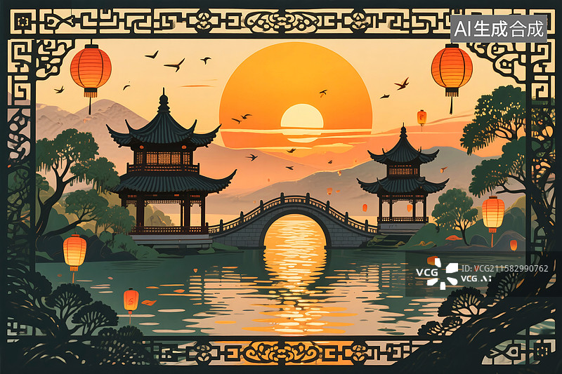 【AI数字艺术】国潮风纸雕卡片，中秋节赏月亭台楼阁拱桥灯笼图片素材