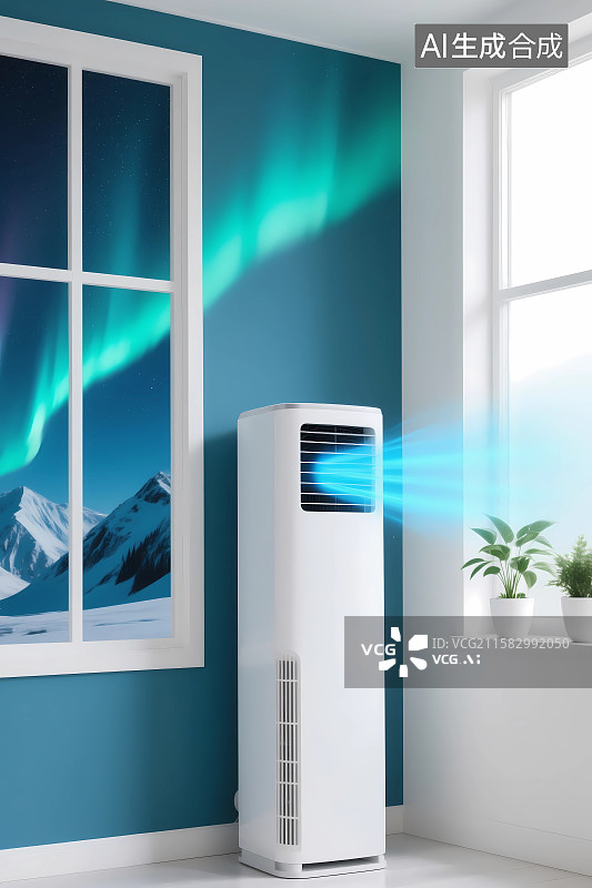 【AI数字艺术】夏天室内白色柜式空调吹出冷气图片素材