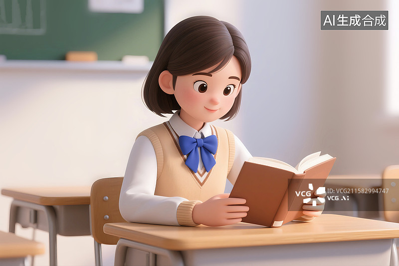 【AI数字艺术】3D立体三维C4D女性女孩女学生在课室读书学习知识复习功课图片素材