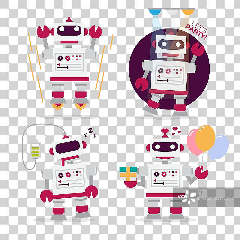 不同姿势的平面机器人集合图片素材