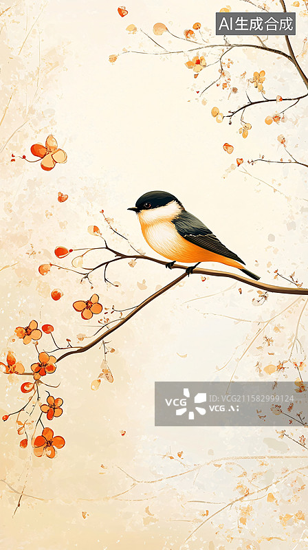 【AI数字艺术】枝头小鸟与繁花插画图片素材