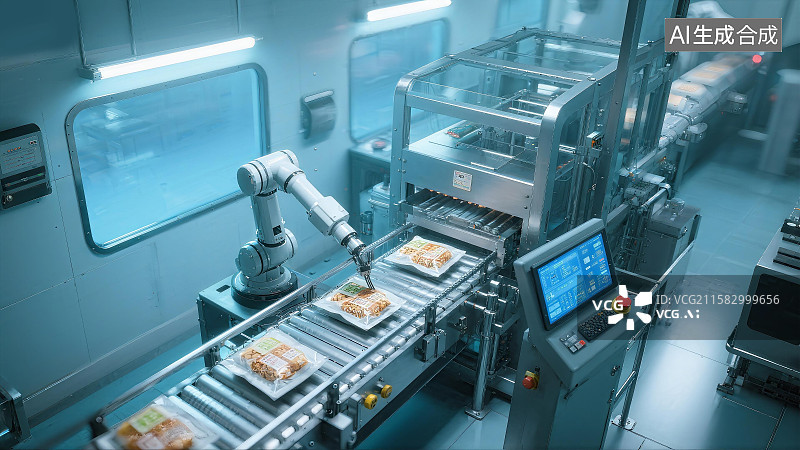 【AI数字艺术】食品自动生产线，机械臂精准包装食品，不锈钢传送带运输产品，全透明玻璃观察窗图片素材