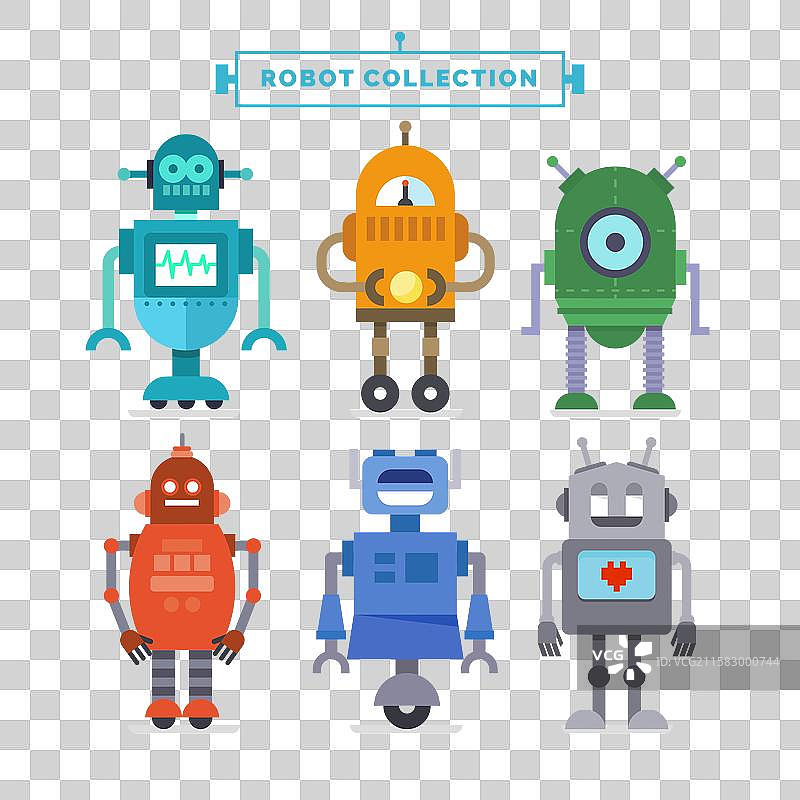 不同姿势的平面机器人集合图片素材