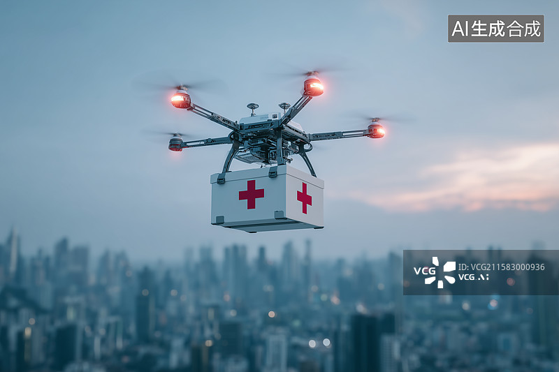 【AI数字艺术】无人机为城市运送医疗物资的黄昏场景图片素材