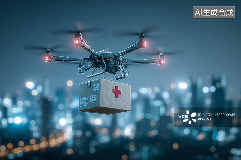 【AI数字艺术】无人机为城市运送医疗物资的黄昏场景图片素材