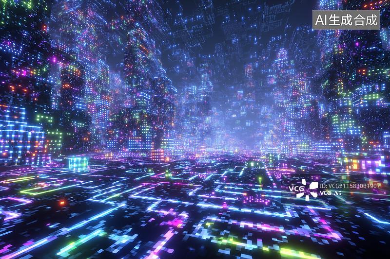 【AI数字艺术】霓虹灯光与反光表面的未来感室内空间图片素材