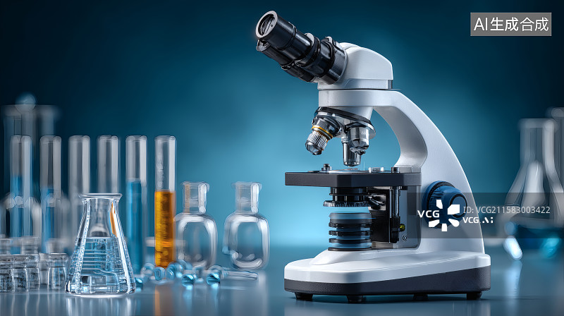 【AI数字艺术】实验室中的显微镜，各类试管试剂图片素材
