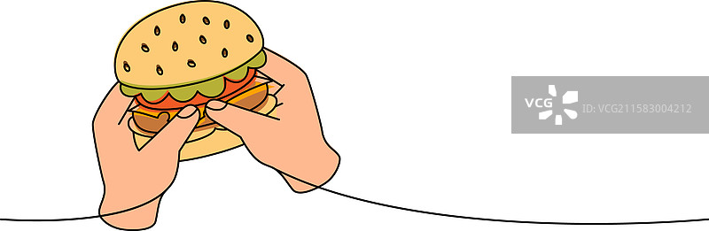 两只手握着一个汉堡，线条彩色图片素材