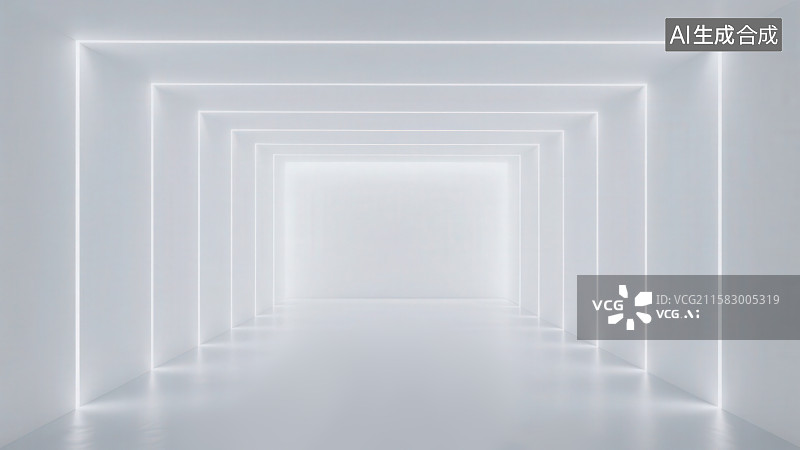 【AI数字艺术】白色灯带的空旷封闭工业风隧道通道式人造空间图片素材