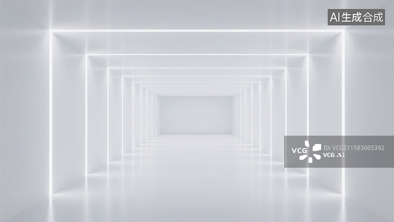 【AI数字艺术】白色灯带的空旷封闭工业风隧道通道式人造空间图片素材