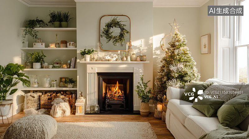 【AI数字艺术】圣诞装饰风格的室内空间图片素材
