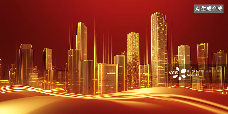 【AI数字艺术】红色背景上的金色城市天际线图片素材